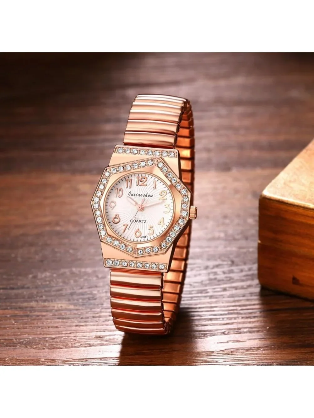 Women's Rose Gold Analog Quartz Bling Elastic Stretch Band Octagonal Wrist Watch